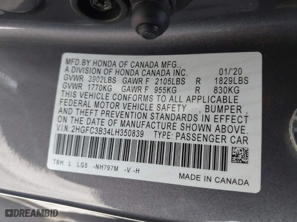 2020 Honda Civic Coupe EX with VIN 2HGFC3B34LH350839, listed as a IAAI auction lot 41754163 with 81,908 mi miles. Bid and sale history available at carsss.com. Image 9.