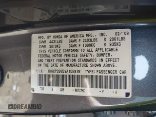 2009 Honda Accord EX-L z VIN 1HGCP26859A108978, wystawiony jako IAAI lot #42329645 z przebiegiem 279 707 mil mil oraz . Historia ofert i sprzedaży dostępna na DreamBid. Obrazek 9.