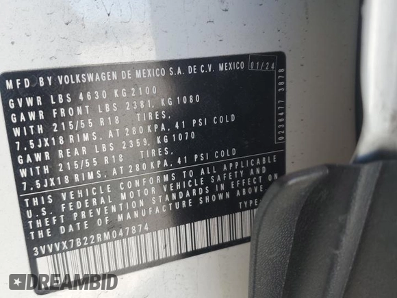 2024 Volkswagen Taos SE z VIN 3VVVX7B22RM047874, wystawiony jako Copart lot #50421665 z przebiegiem 4 744 mil mil oraz Szkoda całkowita • Salvage title. Historia ofert i sprzedaży dostępna na DreamBid. Obrazek 15.