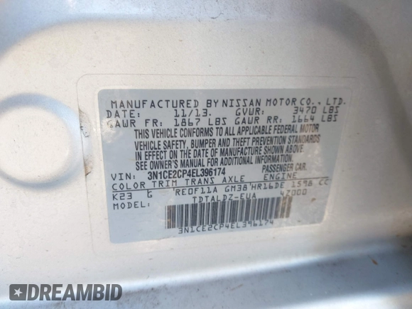 2014 Nissan Note S Plus with VIN 3N1CE2CP4EL396174, listed as a IAAI auction lot 41603850 with 123,204 mi miles and . Bid and sale history available at DreamBid. Image 9.