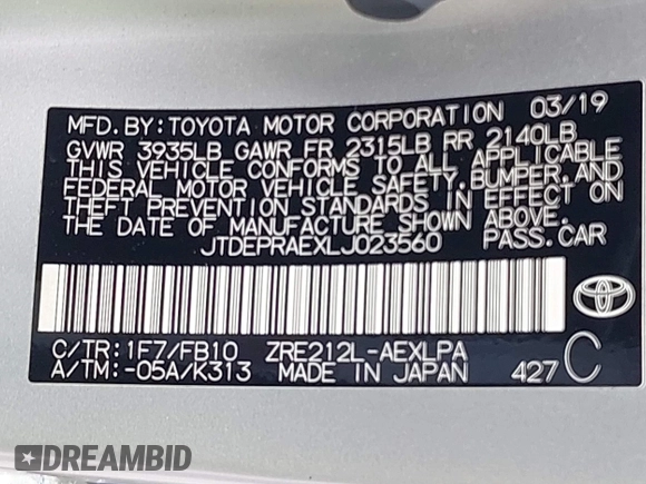 2020 Toyota Corolla LE with VIN JTDEPRAEXLJ023560, listed as a IAAI auction lot 41985501 with 59,529 mi miles. Bid and sale history available at carsss.com. Image 9.