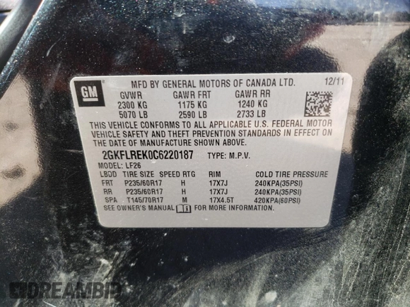 2012 GMC Terrain SLE-1 with VIN 2GKFLREK0C6220187, listed as a Copart auction lot 53709305 with 83,497 mi miles and Clean title. Bid and sale history available at DreamBid. Image 16.