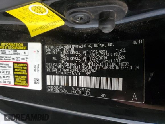 2012 Toyota Sienna SE with VIN 5TDXK3DC2CS193218, listed as a Copart auction lot 87255494 with 191,365 mi miles and Salvage Title. Bid and sale history available at carsss.com. Image 15.