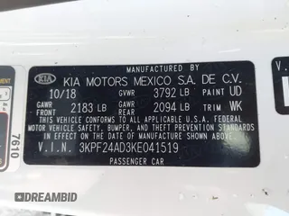 2019 Kia Forte LXS with VIN 3KPF24AD3KE041519, listed as a IAAI auction lot 41809416 with 92,765 mi miles and . Bid and sale history available at carsss.com. Image 9.
