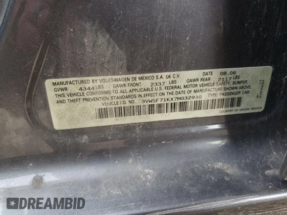 2007 Volkswagen Jetta 2.5 с VIN 3VWSF71KX7M032930, выставлен на аукционе Copart как лот 56703405 с пробегом 216 233 миль миль и Списание • Salvage title. История ставок и продаж доступна на DreamBid. Изображение 12.