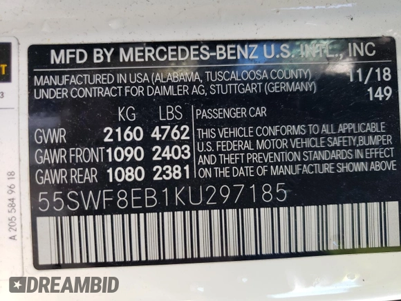 2019 Mercedes-Benz C 300 with VIN 55SWF8EB1KU297185, listed as a Copart auction lot 47410205 with 58,425 mi miles and Salvage Title. Bid and sale history available at carsss.com. Image 12.