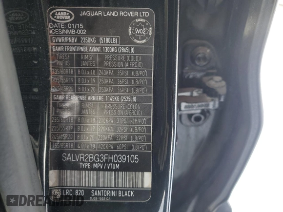 2015 Land Rover Range Rover Evoque Pure Premium z VIN SALVR2BG3FH039105, wystawiony jako Copart lot #43428085 z przebiegiem 112 952 mil mil oraz Szkoda całkowita • Salvage title. Historia ofert i sprzedaży dostępna na DreamBid. Obrazek 12.