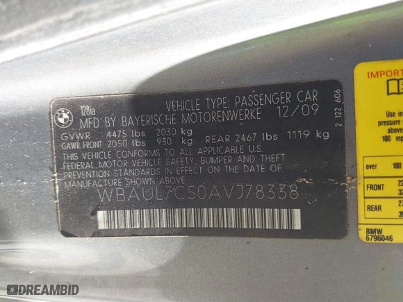 2010 BMW 1 Series 128i with VIN WBAUL7C50AVJ78338, listed as a IAAI auction lot 41736368 with 1 mi miles. Bid and sale history available at carsss.com. Image 9.