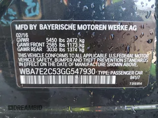 2016 BMW 7 Series 740i с VIN WBA7E2C53GG547930, выставлен на аукционе IAAI как лот 41691844 с пробегом 115 045 миль миль и . История ставок и продаж доступна на DreamBid. Изображение 9.