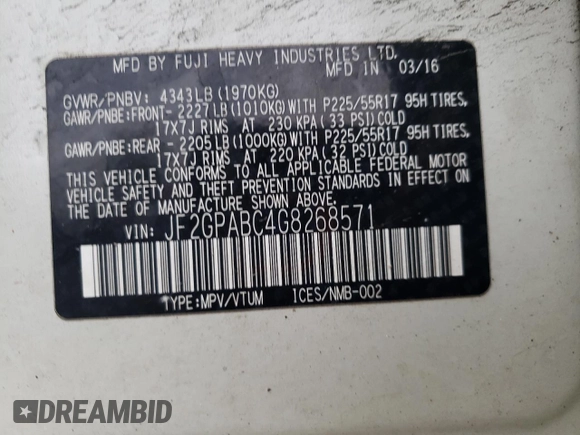 2016 Subaru Crosstrek Premium with VIN JF2GPABC4G8268571, listed as a Copart auction lot 61237445 with 122,584 mi miles and Salvage title. Bid and sale history available at DreamBid. Image 13.