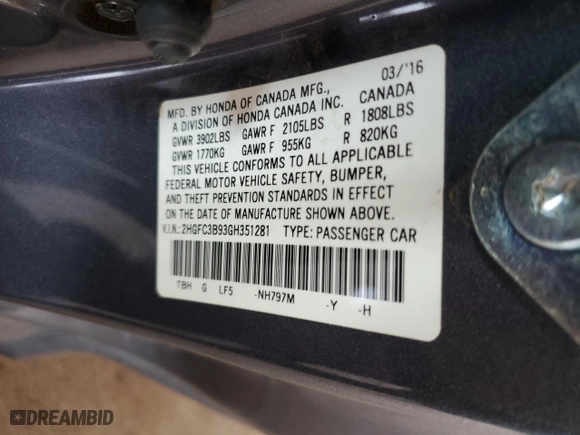 2016 Honda Civic Coupe Touring with VIN 2HGFC3B93GH351281, listed as a Copart auction lot 44242625 with 131,825 mi miles and Salvage Title. Bid and sale history available at carsss.com. Image 14.