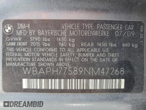 2009 BMW 3 Series 328i z VIN WBAPH77589NM47268, wystawiony jako Copart lot #57877405 z przebiegiem 157 930 mil mil oraz Szkoda całkowita • Salvage title. Historia ofert i sprzedaży dostępna na DreamBid. Obrazek 12.