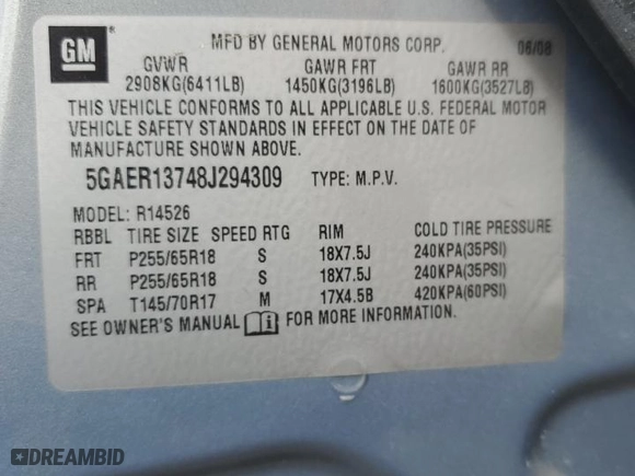 2008 Buick Enclave CX with VIN 5GAER13748J294309, listed as a Copart auction lot 49483955 with 116,494 mi miles and Clean Title. Bid and sale history available at carsss.com. Image 13.