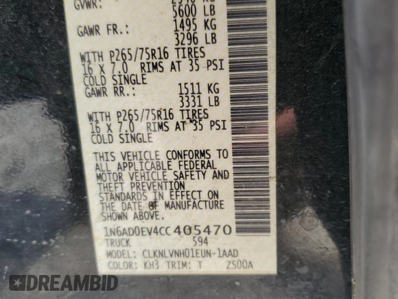 2012 Nissan Frontier Pro-4X z VIN 1N6AD0EV4CC405470, wystawiony jako Copart lot #54186715 z przebiegiem Nie podano mil oraz Szkoda całkowita • Salvage title. Historia ofert i sprzedaży dostępna na DreamBid. Obrazek 12.