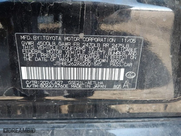 2006 Lexus IS 350 Auto with VIN JTHBE262X62001845, listed as a IAAI auction lot 41537000 with 232,452 mi miles. Bid and sale history available at carsss.com. Image 9.
