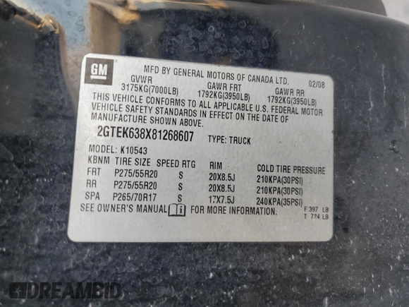2008 GMC Sierra Denali z VIN 2GTEK638X81268607, wystawiony jako Copart lot #67148574 z przebiegiem 164 727 mil mil oraz Szkody całkowita. Historia ofert i sprzedaży dostępna na DreamBid. Obrazek 12.
