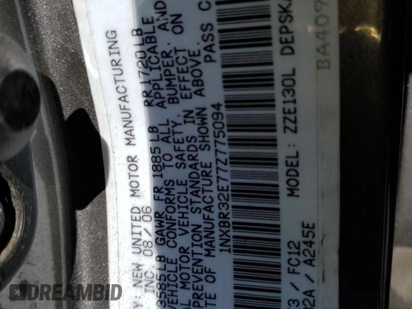 2007 Toyota Corolla CE with VIN 1NXBR32E77Z775094, listed as a Copart auction lot 53376715 with 160,625 mi miles and Clean title. Bid and sale history available at DreamBid. Image 13.