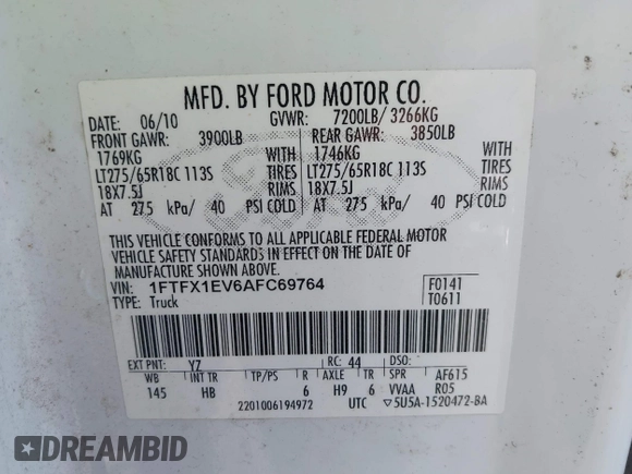 2010 Ford F-150 XL with VIN 1FTFX1EV6AFC69764, listed as a IAAI auction lot 42291732 with 376,779 mi miles and . Bid and sale history available at DreamBid. Image 9.