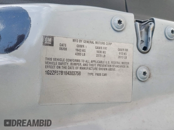 2008 Pontiac G6 1SV Value Leader z VIN 1G2ZF57B184303758, wystawiony jako IAAI lot #42294522 z przebiegiem 197 306 mil mil oraz . Historia ofert i sprzedaży dostępna na DreamBid. Obrazek 9.