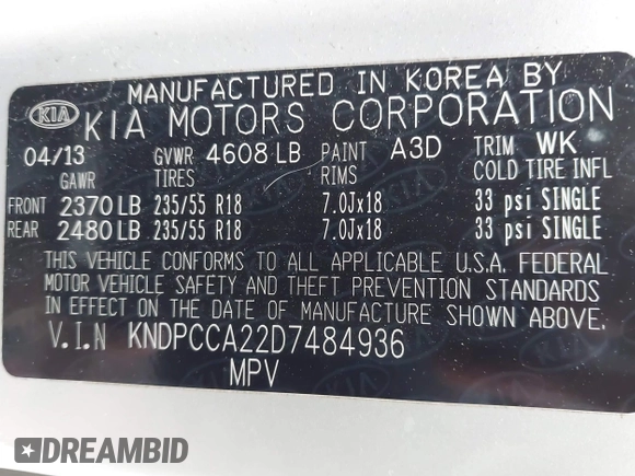 2013 Kia Sportage EX with VIN KNDPCCA22D7484936, listed as a IAAI auction lot 41921531 with 128,001 mi miles and . Bid and sale history available at DreamBid. Image 9.