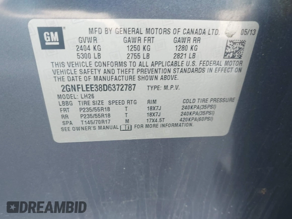 2013 Chevrolet Equinox LT with VIN 2GNFLEE38D6372787, listed as a IAAI auction lot 42181293 with 93,472 mi miles. Bid and sale history available at carsss.com. Image 9.