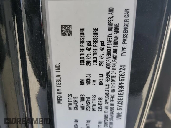 2023 Tesla Model 3 с VIN 5YJ3E1EA9PF676724, выставлен на аукционе Copart как лот 46357805 с пробегом Не указан миль и Списание • Salvage title. История ставок и продаж доступна на DreamBid. Изображение 14.