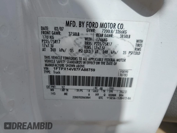 2007 Ford F-150 XLT with VIN 1FTPX14V87FA88759, listed as a Copart auction lot 57173705 with 180,308 mi miles and Salvage title. Bid and sale history available at DreamBid. Image 12.