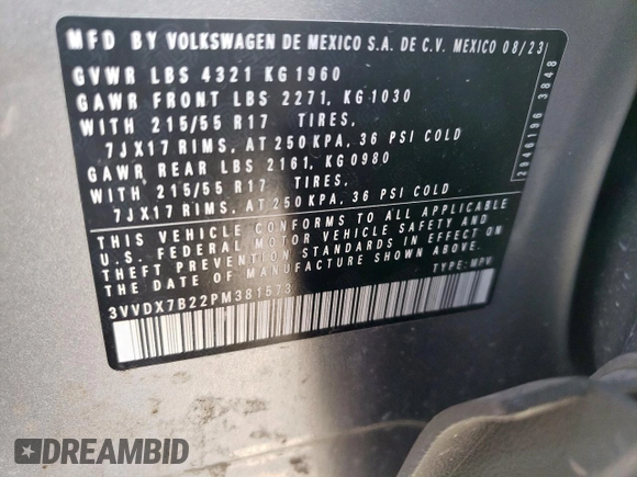 2023 Volkswagen Taos S z VIN 3VVDX7B22PM381573, wystawiony jako Copart lot #50557915 z przebiegiem 19 313 mil mil oraz Szkoda całkowita • Salvage title. Historia ofert i sprzedaży dostępna na DreamBid. Obrazek 15.