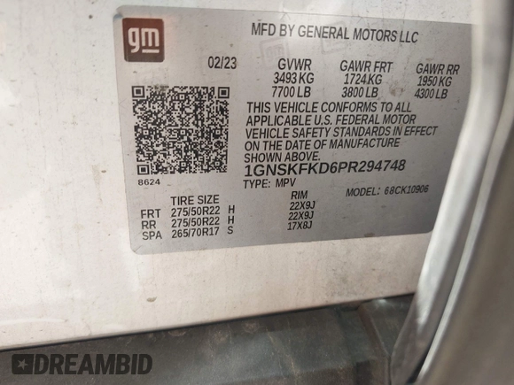 2023 Chevrolet Suburban Premier with VIN 1GNSKFKD6PR294748, listed as a IAAI auction lot 42402000 with 44,783 mi miles and . Bid and sale history available at DreamBid. Image 9.