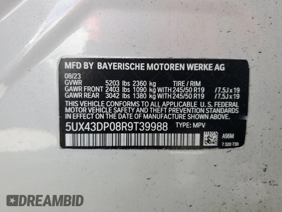 2024 BMW X3 sDrive30i z VIN 5UX43DP08R9T39988, wystawiony jako Copart lot #47793865 z przebiegiem 19 067 mil mil oraz Szkoda całkowita • Salvage title. Historia ofert i sprzedaży dostępna na DreamBid. Obrazek 14.