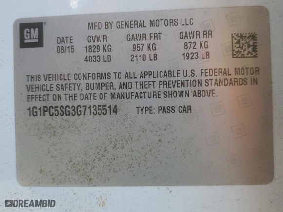 2016 Chevrolet Cruze Limited LS with VIN 1G1PC5SG3G7135514, listed as a Copart auction lot 45591535 with 96,467 mi miles and Salvage Title. Bid and sale history available at carsss.com. Image 14.