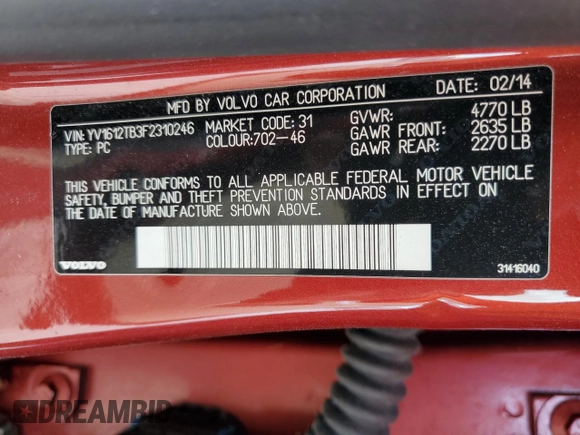 2015 Volvo S60 T5 Premier with VIN YV1612TB3F2310246, listed as a Copart auction lot 42373584 with 130,442 mi miles. Bid and sale history available at carsss.com. Image 13.