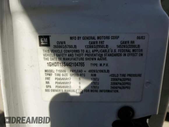 2004 Oldsmobile Bravada z VIN 1GHDT13S442104765, wystawiony jako Copart lot #76459714 z przebiegiem Nie podano mil oraz Nie do naprawy • Non repairable. Historia ofert i sprzedaży dostępna na DreamBid. Obrazek 13.