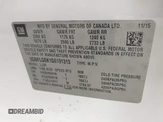 2016 Chevrolet Equinox LTZ with VIN 2GNFLGEK1G6191313, listed as a IAAI auction lot 41746077 with 161,904 mi miles. Bid and sale history available at carsss.com. Image 9.
