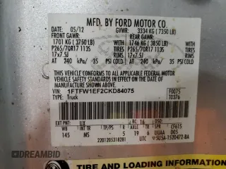 2012 Ford F-150 XL с VIN 1FTFW1EF2CKD84075, выставлен на аукционе Copart как лот 58392945 с пробегом 156 664 миль миль и Чистый • Clean title. История ставок и продаж доступна на DreamBid. Изображение 12.