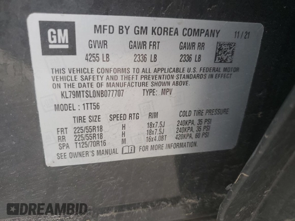 2022 Chevrolet TrailBlazer RS with VIN KL79MTSL0NB077707, listed as a Copart auction lot 56185944 with 259,453 mi miles and Salvage Title. Bid and sale history available at DreamBid. Image 14.