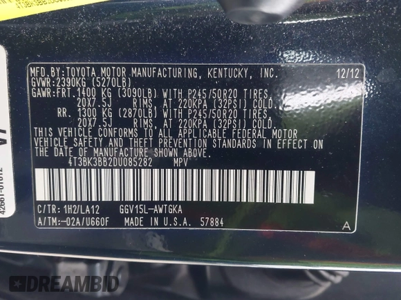2013 Toyota Venza LE with VIN 4T3BK3BB2DU085282, listed as a IAAI auction lot 42012723 with 106,971 mi miles. Bid and sale history available at carsss.com. Image 9.