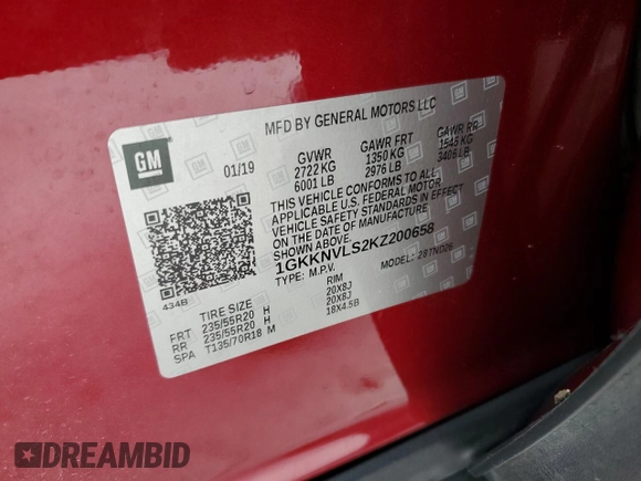 2019 GMC Acadia SLT with VIN 1GKKNVLS2KZ200658, listed as a Copart auction lot 79892164 with 76,846 mi miles and Salvage Title. Bid and sale history available at DreamBid. Image 13.