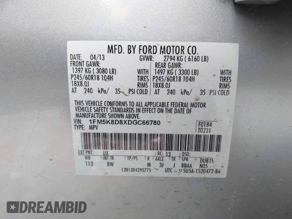 2013 Ford Explorer XLT z VIN 1FM5K8D8XDGC66780, wystawiony jako IAAI lot #41818545 z przebiegiem 152 371 mil mil oraz . Historia ofert i sprzedaży dostępna na DreamBid. Obrazek 9.
