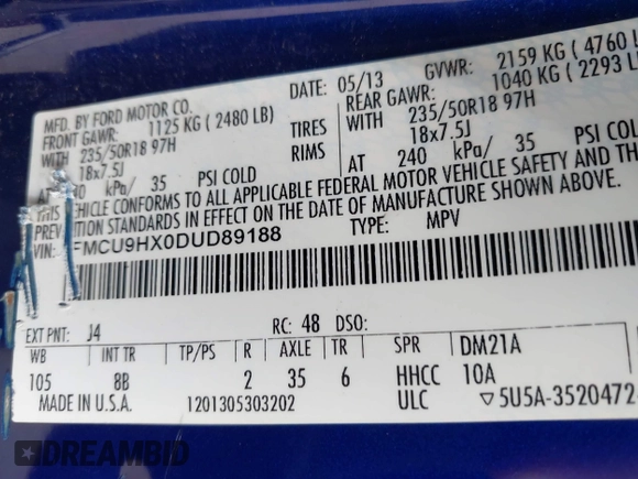 2013 Ford Escape SEL with VIN 1FMCU9HX0DUD89188, listed as a IAAI auction lot 42025465 with 161,590 mi miles. Bid and sale history available at carsss.com. Image 9.