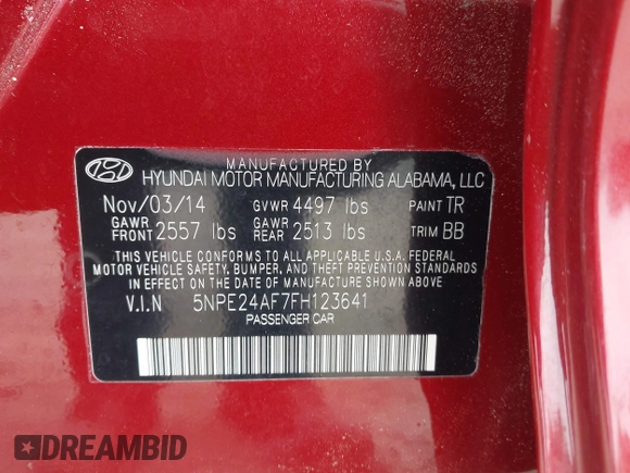 2015 Hyundai Sonata 2.4L SE with VIN 5NPE24AF7FH123641, listed as a IAAI auction lot 42151294 with 98,790 mi miles. Bid and sale history available at carsss.com. Image 9.