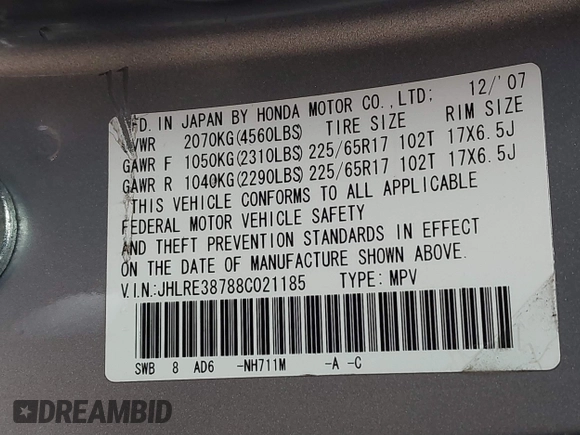 2008 Honda CR-V EX-L with VIN JHLRE38788C021185, listed as a IAAI auction lot 41894139 with 313,406 mi miles and . Bid and sale history available at carsss.com. Image 9.