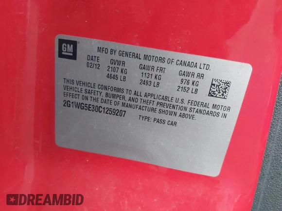2012 Chevrolet Impala LT Fleet with VIN 2G1WG5E30C1259207, listed as a IAAI auction lot 41871331 with Not Provided miles and . Bid and sale history available at DreamBid. Image 9.