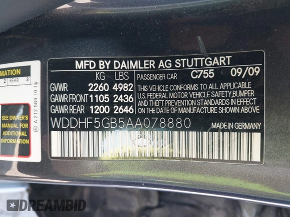 2010 Mercedes-Benz E 350 Luxury with VIN WDDHF5GB5AA078880, listed as a IAAI auction lot 42590907 with 210,275 mi miles and . Bid and sale history available at DreamBid. Image 9.