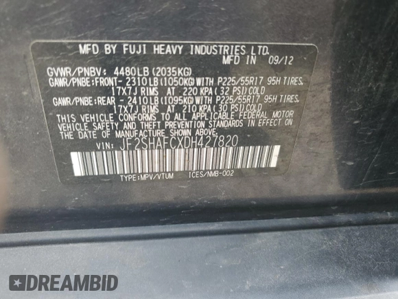 2013 Subaru Forester X Limited with VIN JF2SHAFCXDH427820, listed as a Copart auction lot 60740515 with 154,449 mi miles and Clean title. Bid and sale history available at DreamBid. Image 12.