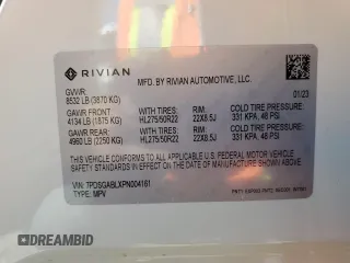 2023 Rivian R1S Launch Edition z VIN 7PDSGABLXPN004161, wystawiony jako Copart lot #67390954 z przebiegiem Nie podano mil oraz Szkody całkowita. Historia ofert i sprzedaży dostępna na DreamBid. Obrazek 12.