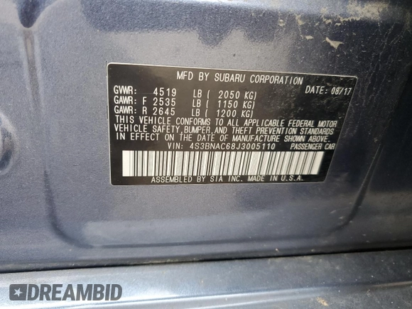 2018 Subaru Legacy Premium with VIN 4S3BNAC68J3005110, listed as a Copart auction lot 60054945 with 96,143 mi miles and Salvage title. Bid and sale history available at DreamBid. Image 12.