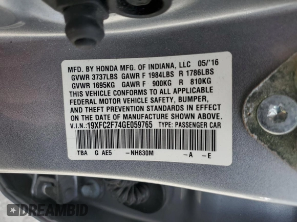 2016 Honda Civic EX with VIN 19XFC2F74GE059765, listed as a Copart auction lot 45555735 with 48,643 mi miles and Salvage Title. Bid and sale history available at DreamBid. Image 12.