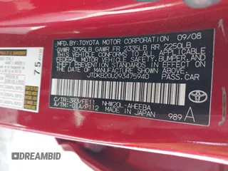 2009 Toyota Prius with VIN JTDKB20U293475940, listed as a IAAI auction lot 42150468 with 112,556 mi miles and . Bid and sale history available at DreamBid. Image 9.