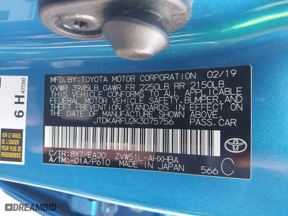 2019 Toyota Prius L Eco with VIN JTDKARFU2K3075756, listed as a IAAI auction lot 41459946 with 75,382 mi miles. Bid and sale history available at carsss.com. Image 9.